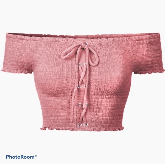 Ambiance Scrunched Off the Shoulder Pink Crop Top - Picture 2 of 8